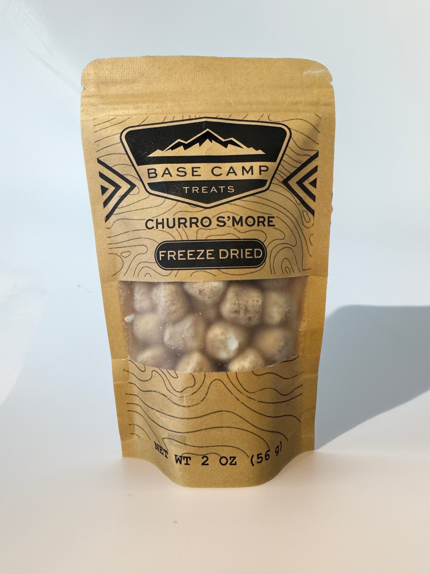 Base Camp Treats Freeze Dried Churro S'mores in Kraft package on a white background