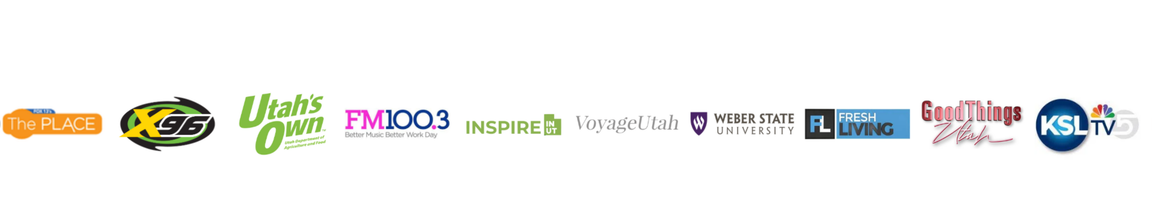 Media logos including The Place, X96, Utah’s Own, FM100.3, Inspire Utah, Voyage Utah, Weber State University, Fresh Living, Good Things Utah, and KSL TV featuring Base Camp Treats