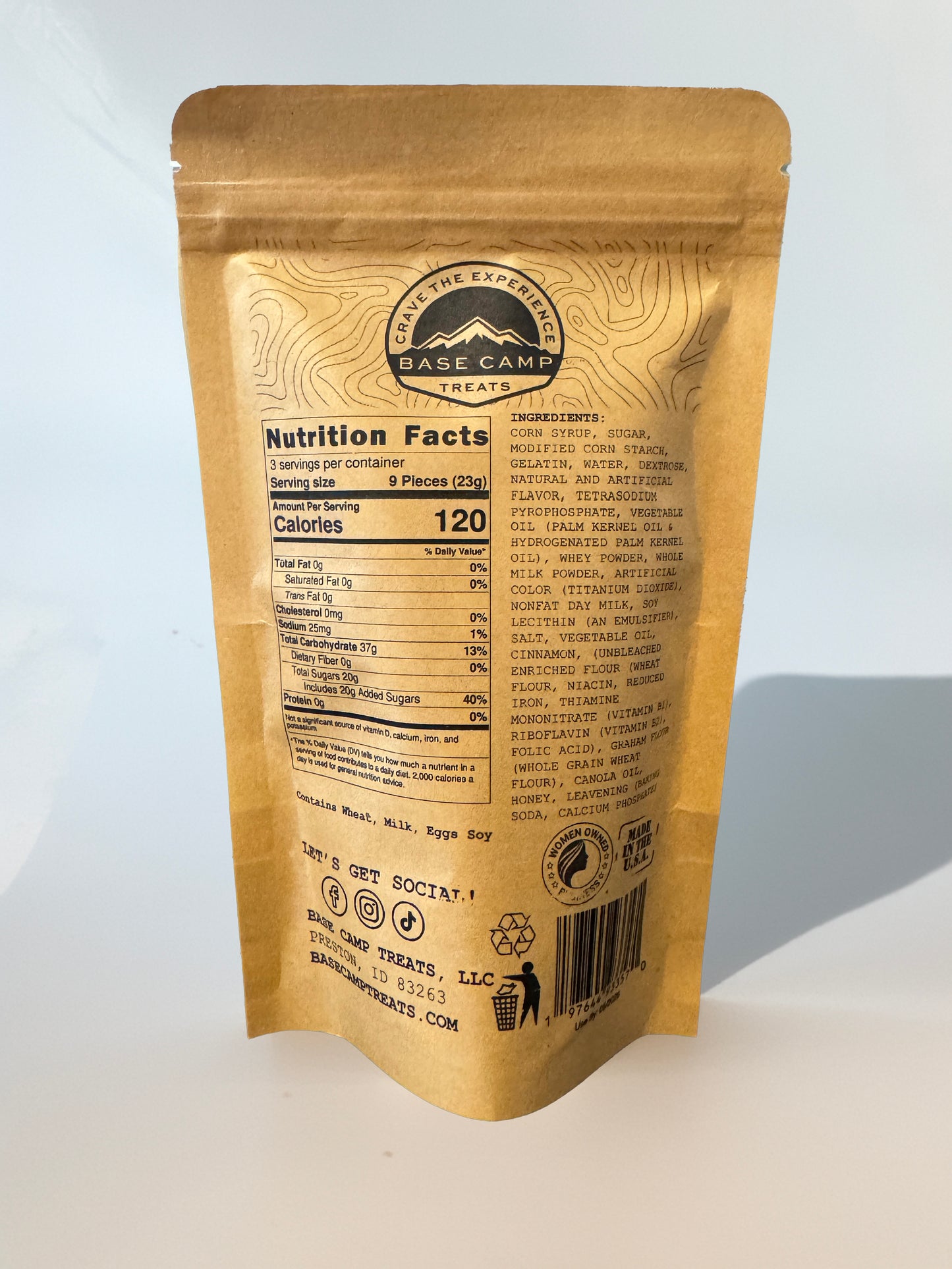 Base Camp Treats Freeze Dried Churro S'mores in a Kraft paper packaging with nutrition facts label on a white background