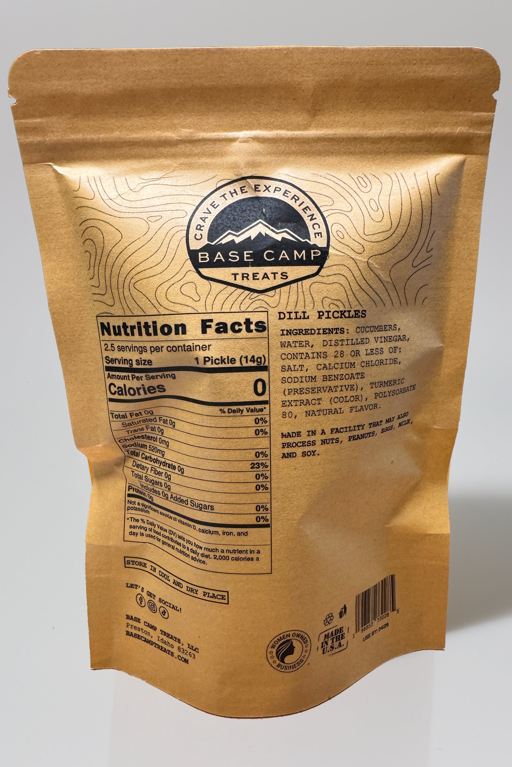 Base Camp Treats Freeze Dried Pickles in a kraft bag on a  white background