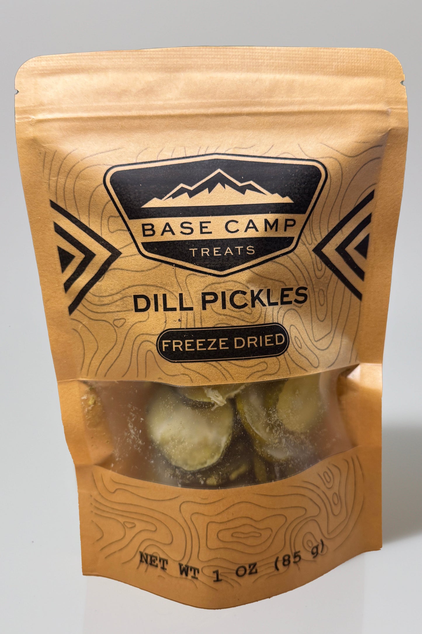Base Camp Treats Freeze Dried Pickles in Kraft Bag  on a  white background