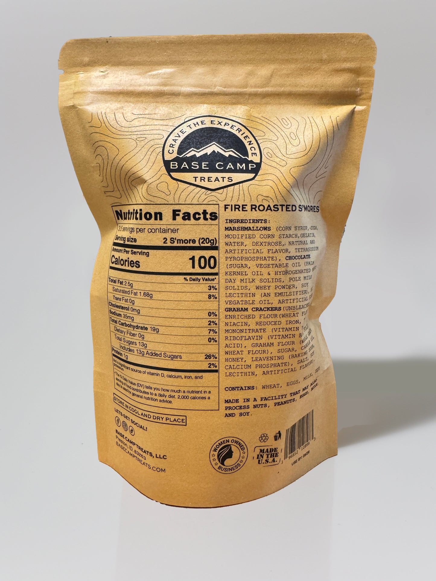 Base Camp Treats Freeze Dried fire roasted s'mores  packaging with nutrition facts on a gray background