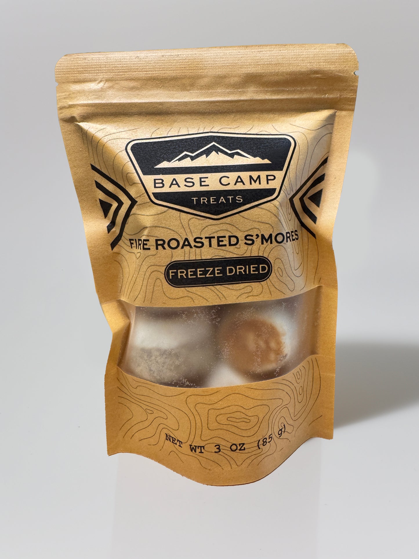 Base Camp Treats Freeze Dried S'mores in Kraft package on a white background
