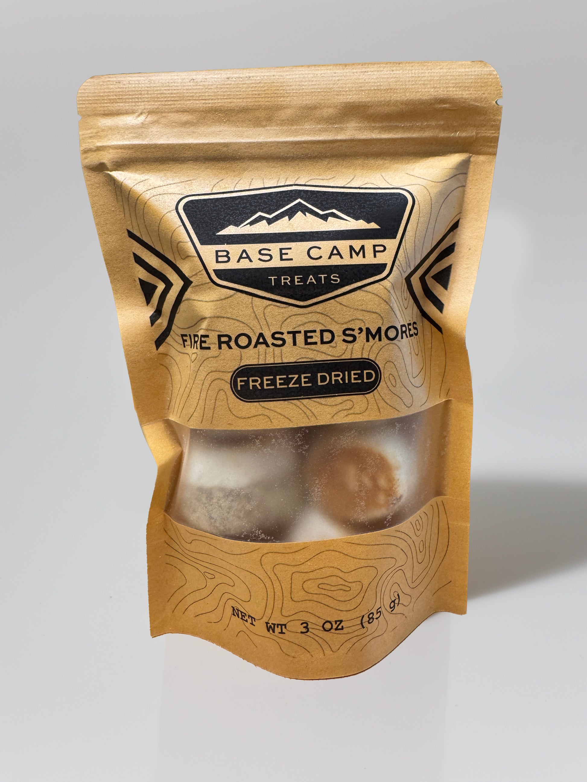 Base Camp Treats Freeze Dried S'mores in Kraft package on a white background