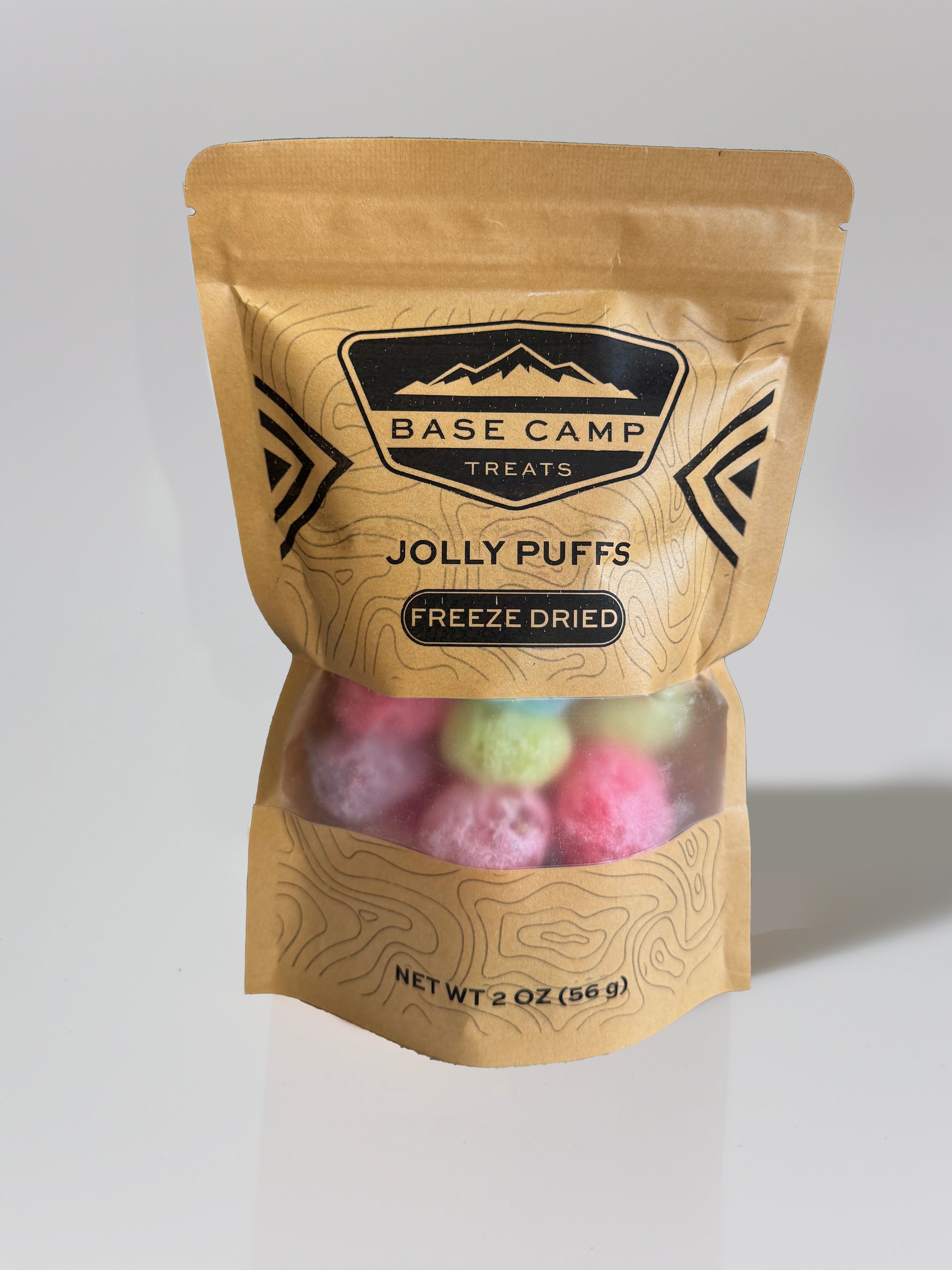 Base Camp Treats Jolly Puffs Freeze Dried Jolly Ranchers in Kraft package on a white background