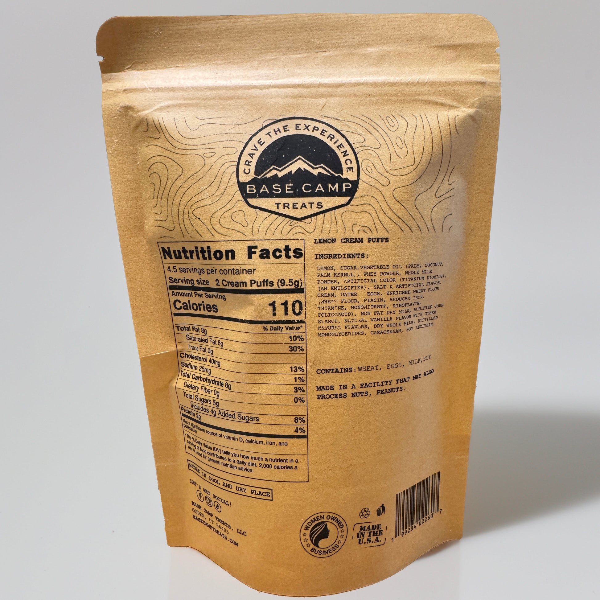 Base Camp Treats Freeze Dried Lemon Cream Puffs in a Kraft bag on a  white background