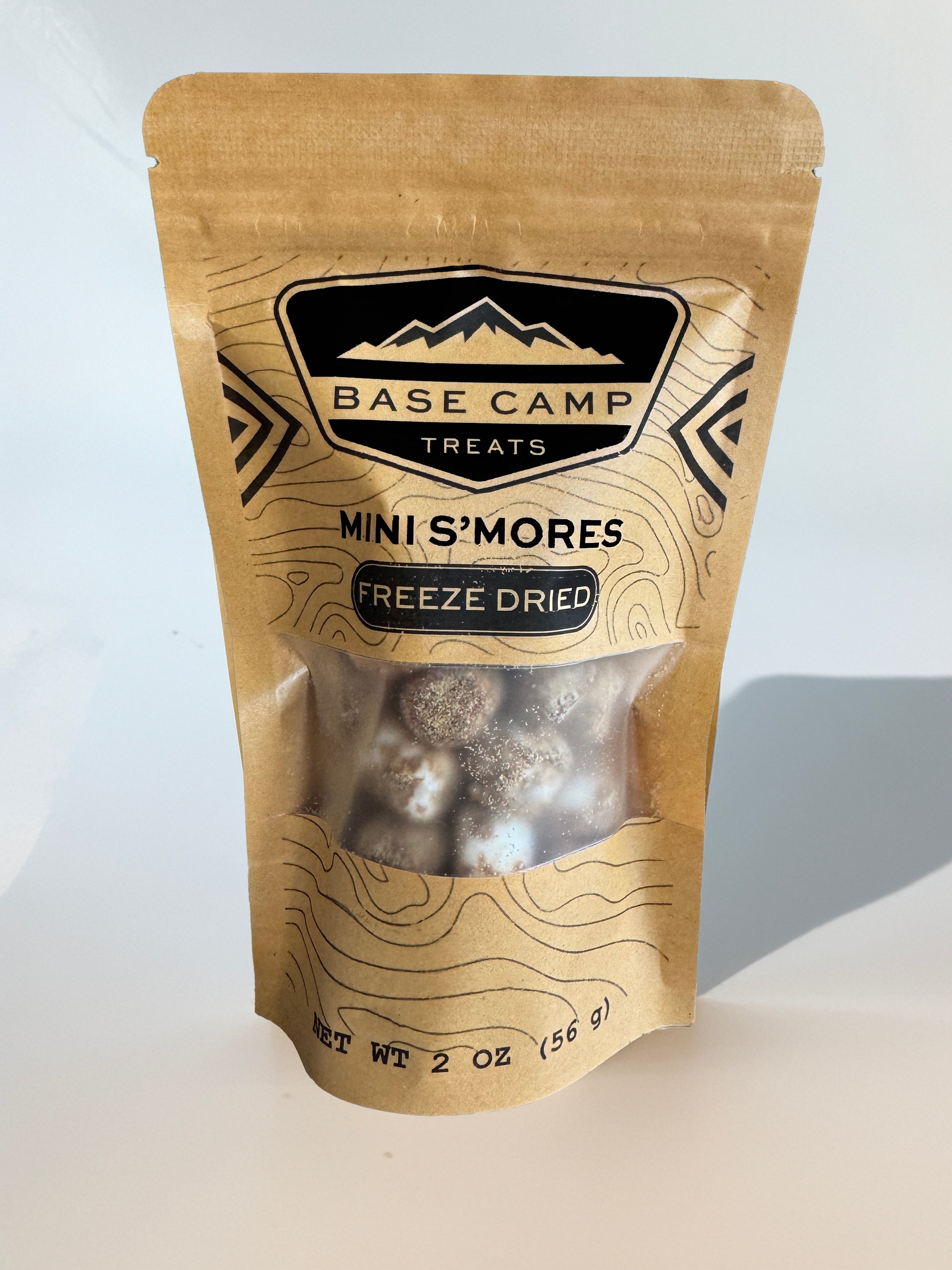 Base Camp Treats Freeze Dried Mini S'mores in Kraft package on a white background