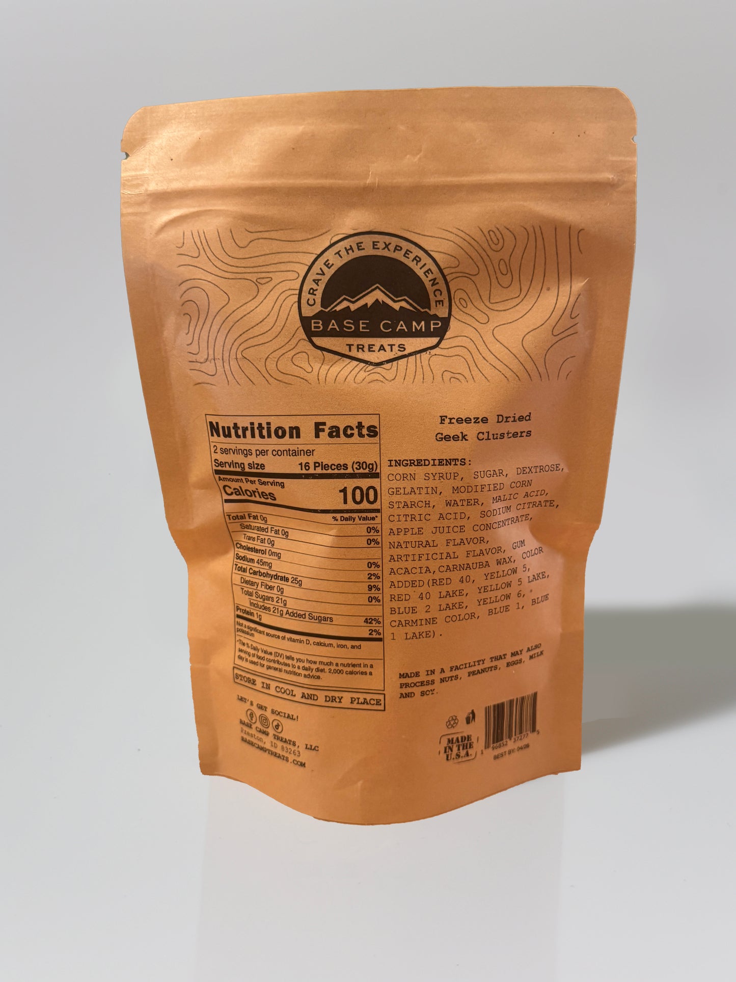 Base Camp Treats  Geek Clusters Freeze Dried Nerd Gummy Clusters in Kraft package on a white background