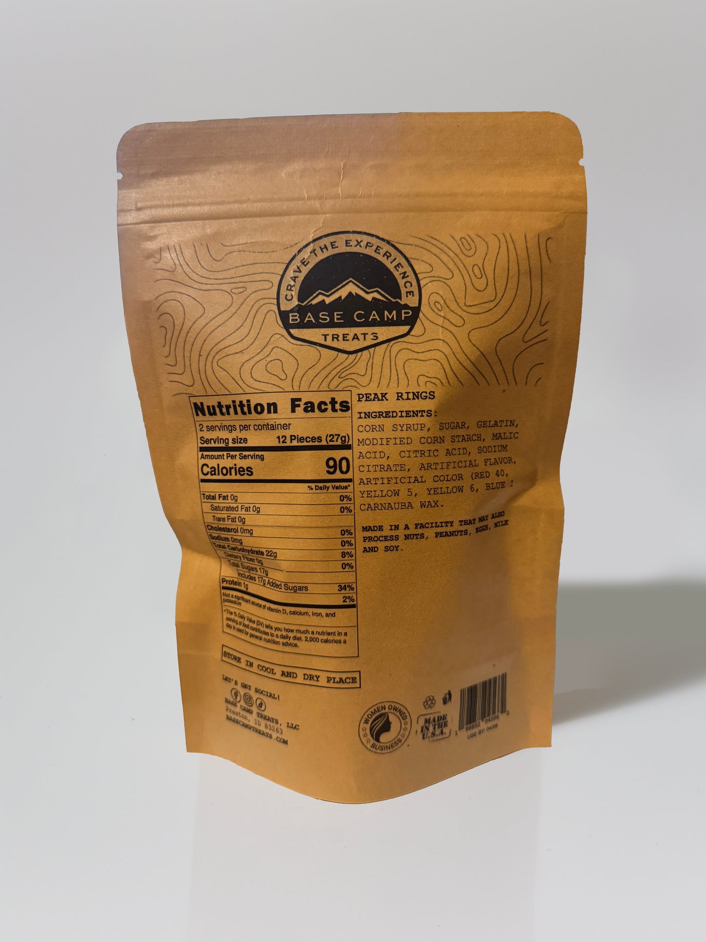 Base Camp Treats Peak Rings Freeze Dried Peach Rings in Kraft package on a white background