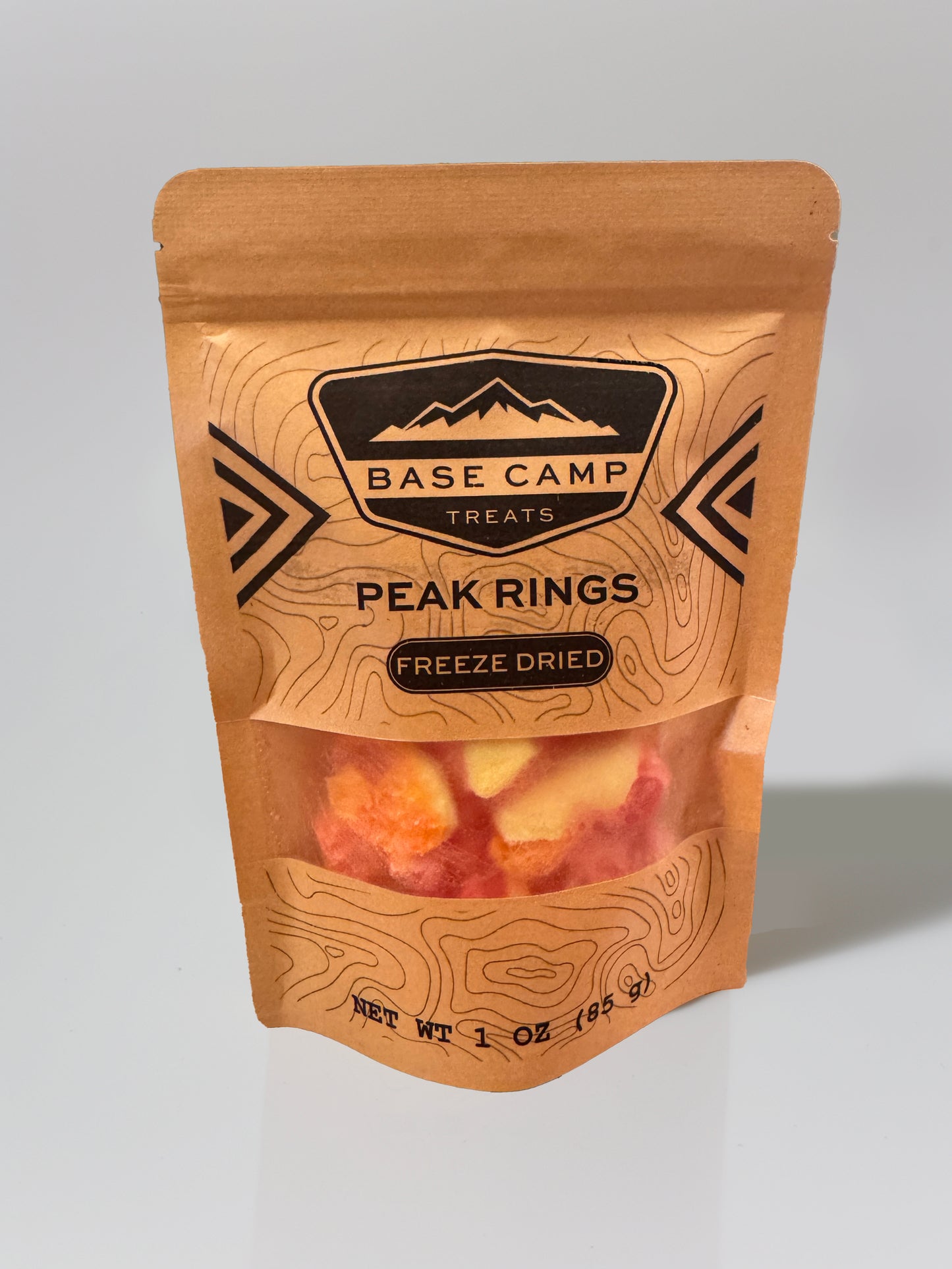 Base Camp Treats Peak Rings Freeze Dried Peach Rings in Kraft package on a white background