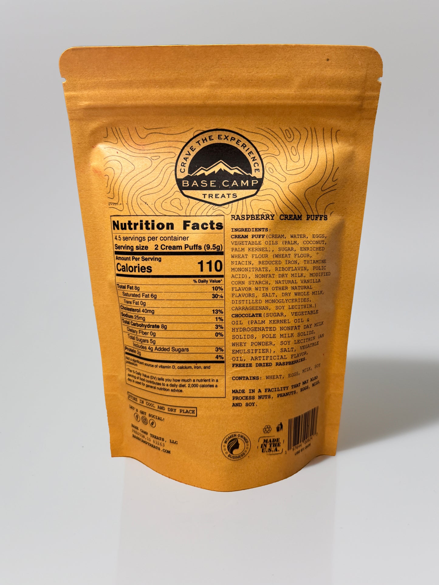Base Camp Treats Freeze Dried Raspberry Cream Puffs in a Kraft Bag on a  white background