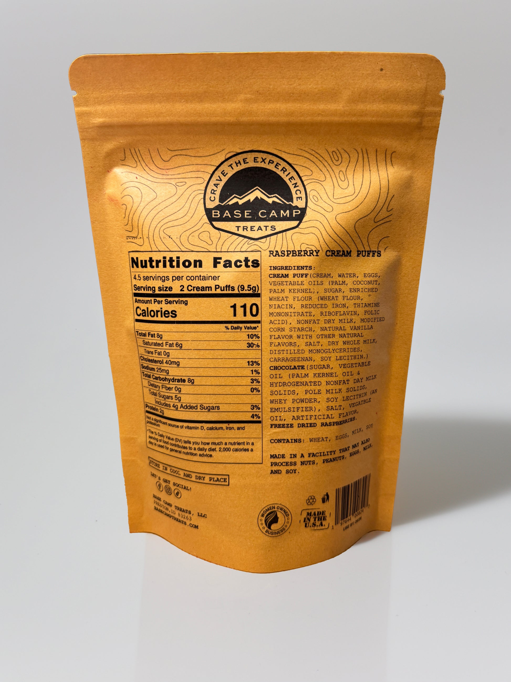 Base Camp Treats Freeze Dried Raspberry Cream Puffs in a Kraft Bag on a  white background