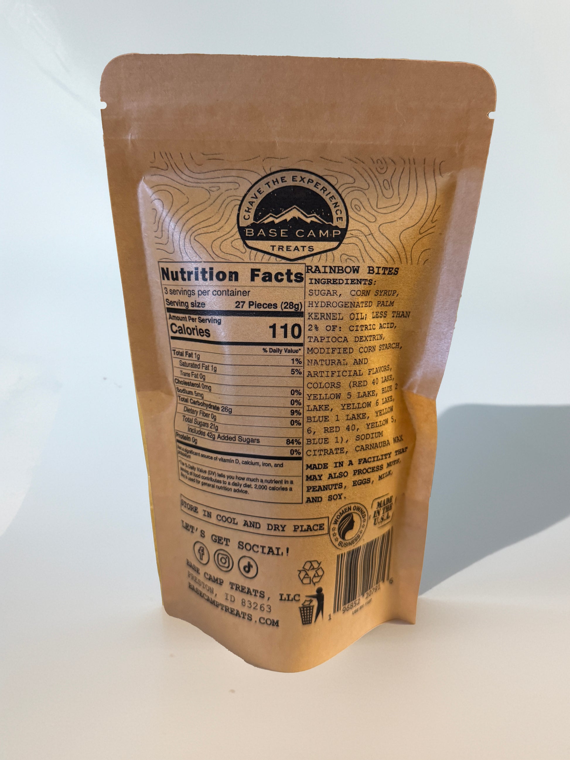 Base Camp Treats Rainbow Bites Freeze Dried Skittles kraft paper packaging with nutrition facts label on a white background