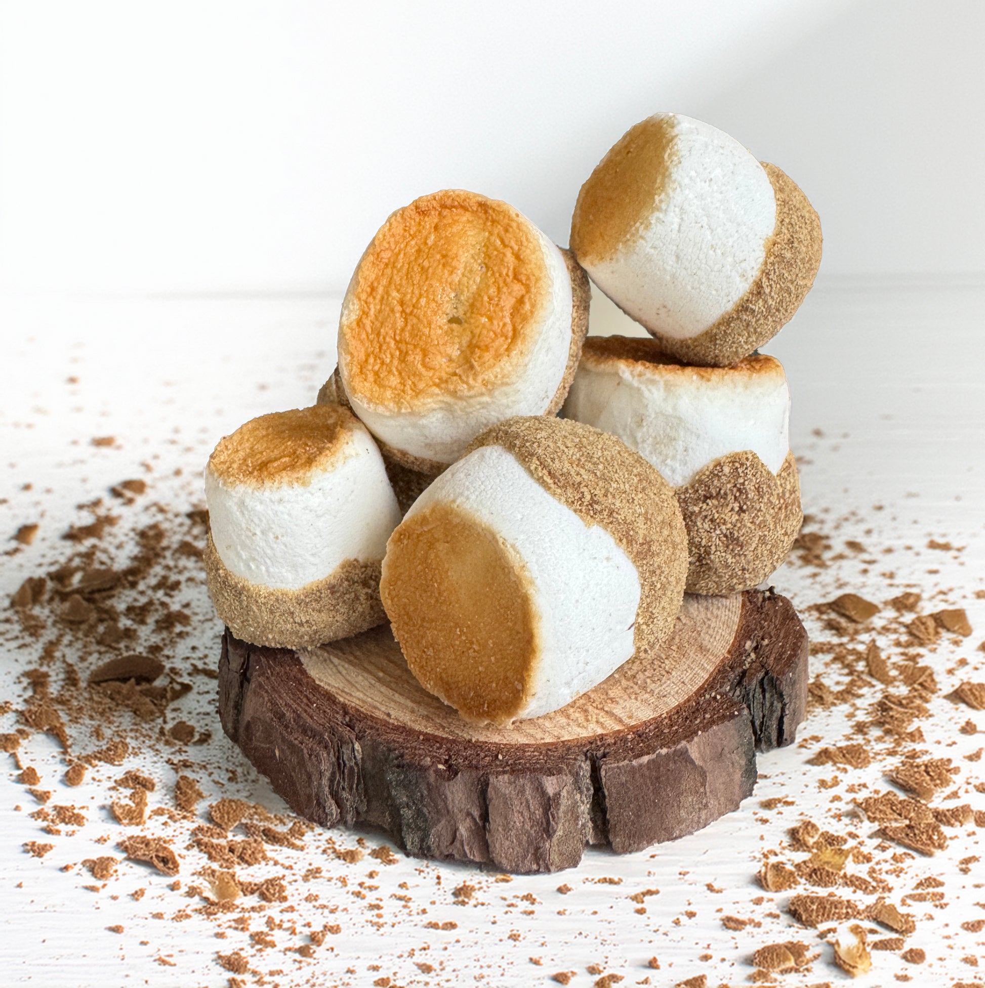 Base Camp Treats Freeze Dried S'mores on wooden disk with a white background