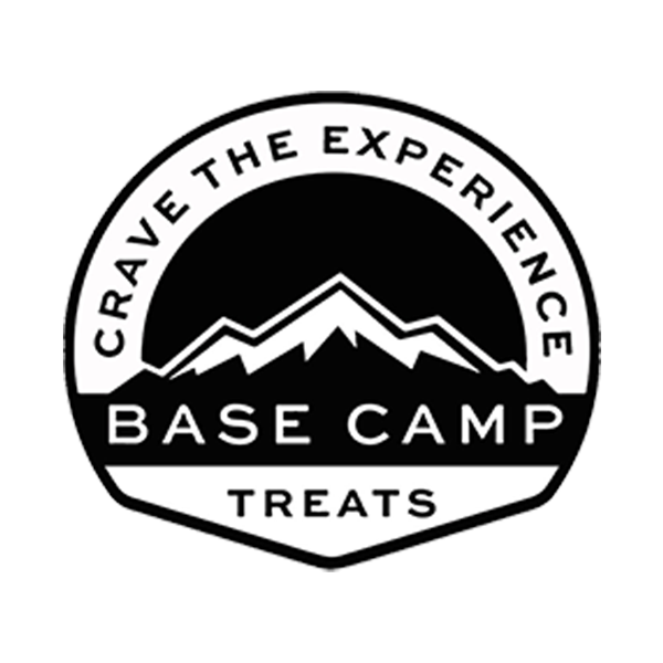 Logo of Base Camp Treats with a mountain design and text 'Crave the Experience'.